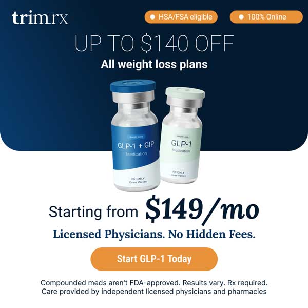 TrimRx GLP-1 — unlimited provider check-ins included with every plan. Manage GLP-1 side effects during titration with bundled clinician access. Compounded semaglutide from $179/month, tirzepatide from $259/month. Free shipping, HSA/FSA accepted.