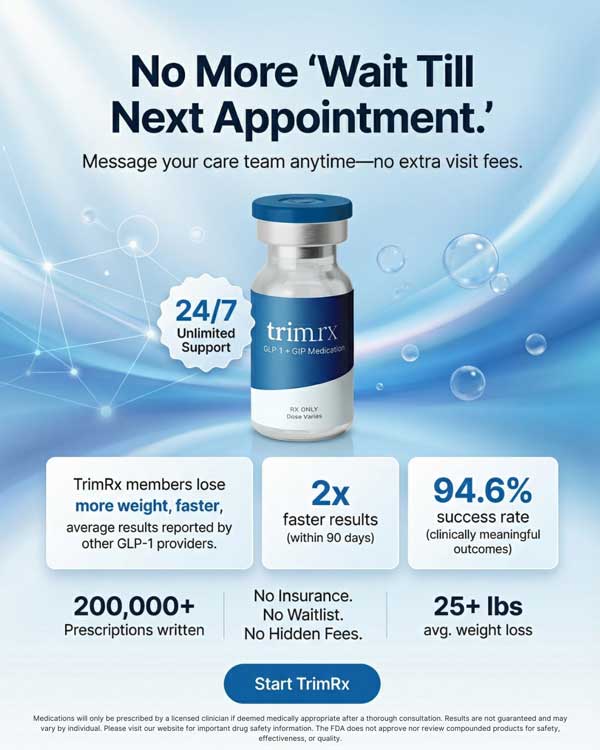 TrimRx GLP-1 — 2-minute eligibility quiz, one of the fastest in the category. See if you qualify in under 2 minutes. Compounded semaglutide from $179/month, tirzepatide from $259/month. Unlimited check-ins included.